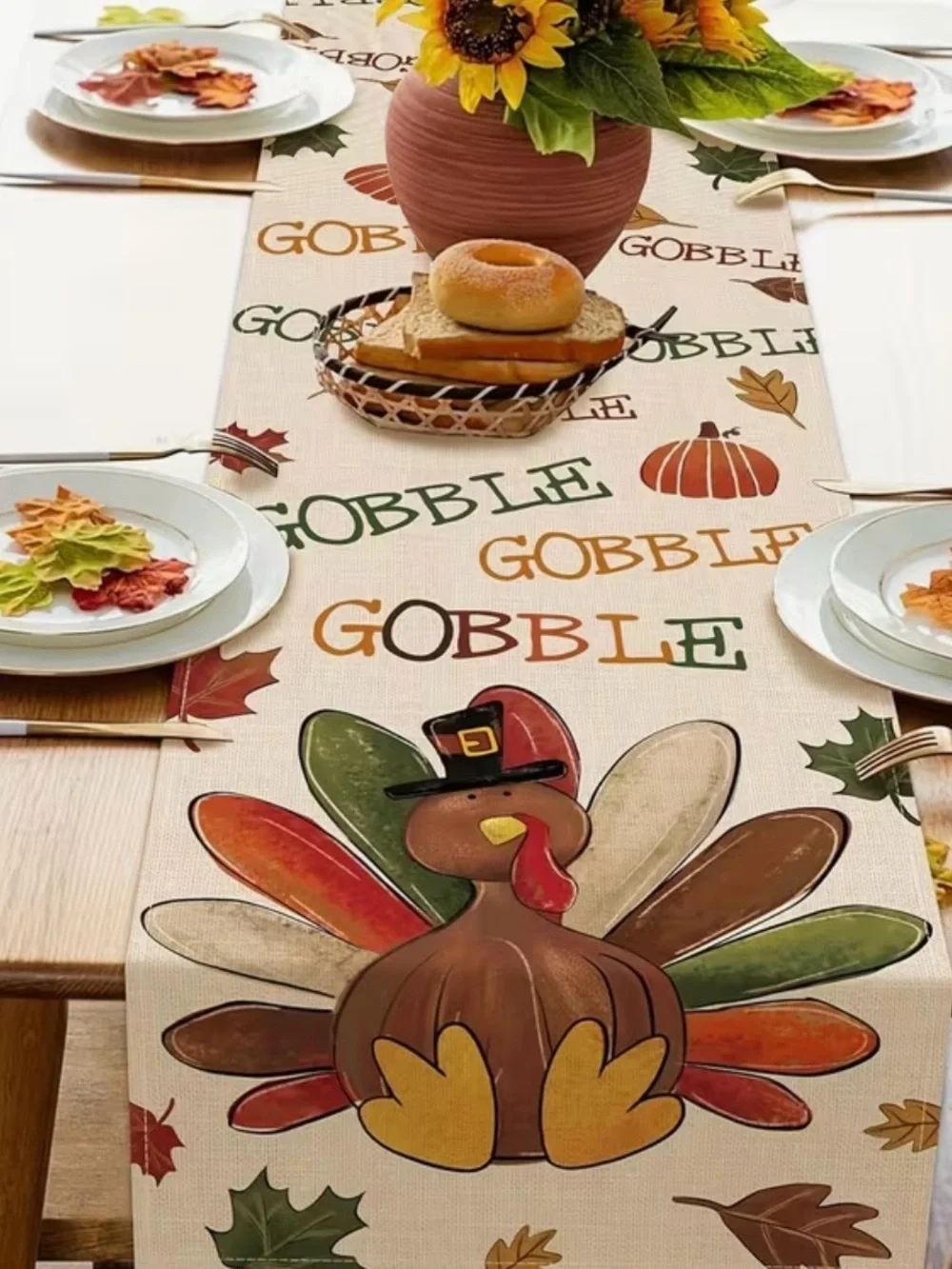 NWT 100% Linen Thanksgiving Table Runner - Orange, Brown, Green, Yellow, 13X72